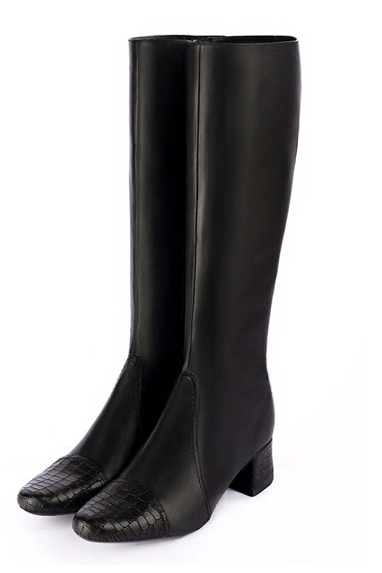 Satin black women's feminine knee-high boots. Round toe. Low flare heels. Made to measure. Front view - Florence KOOIJMAN